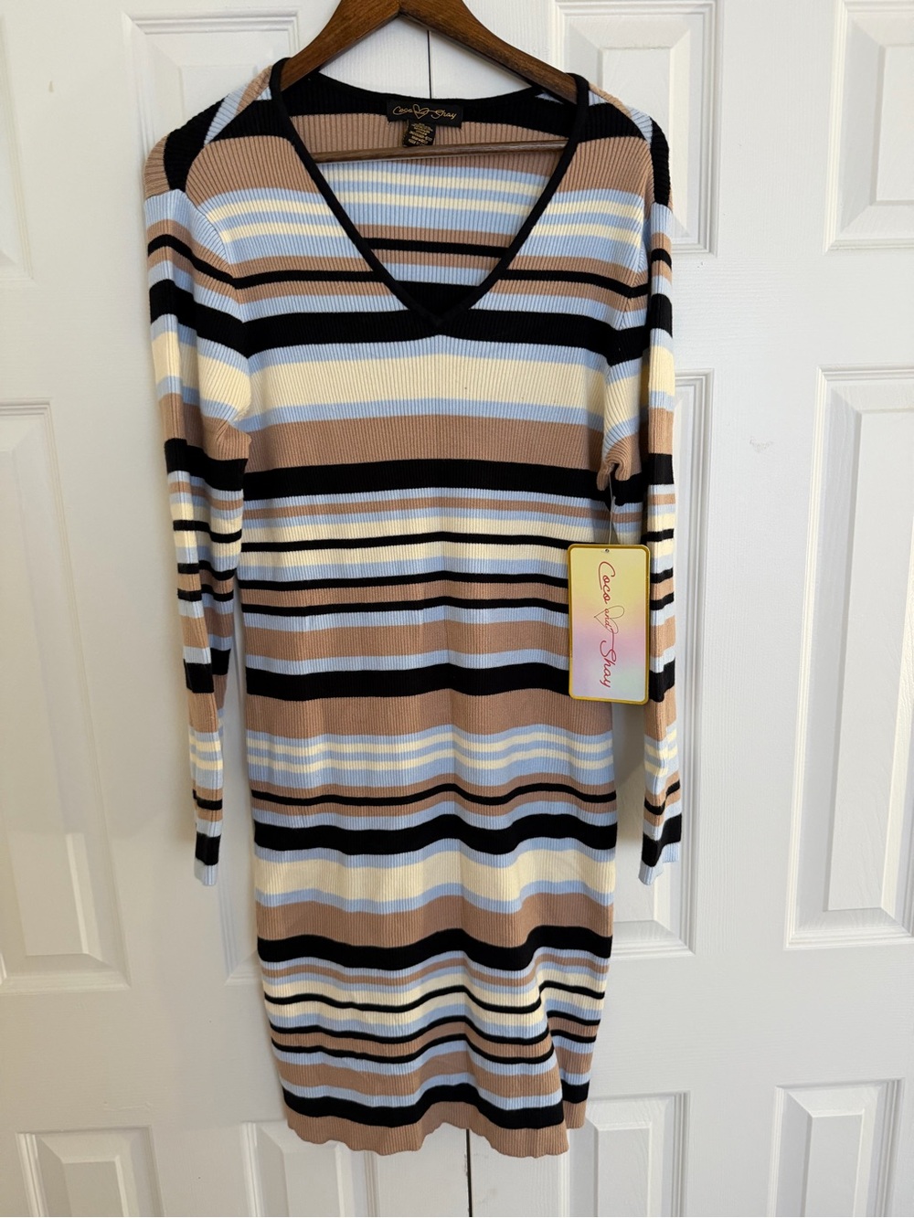Cozy & Chic Striped V-Neck Sweater Dress - Black, Tan & Cream